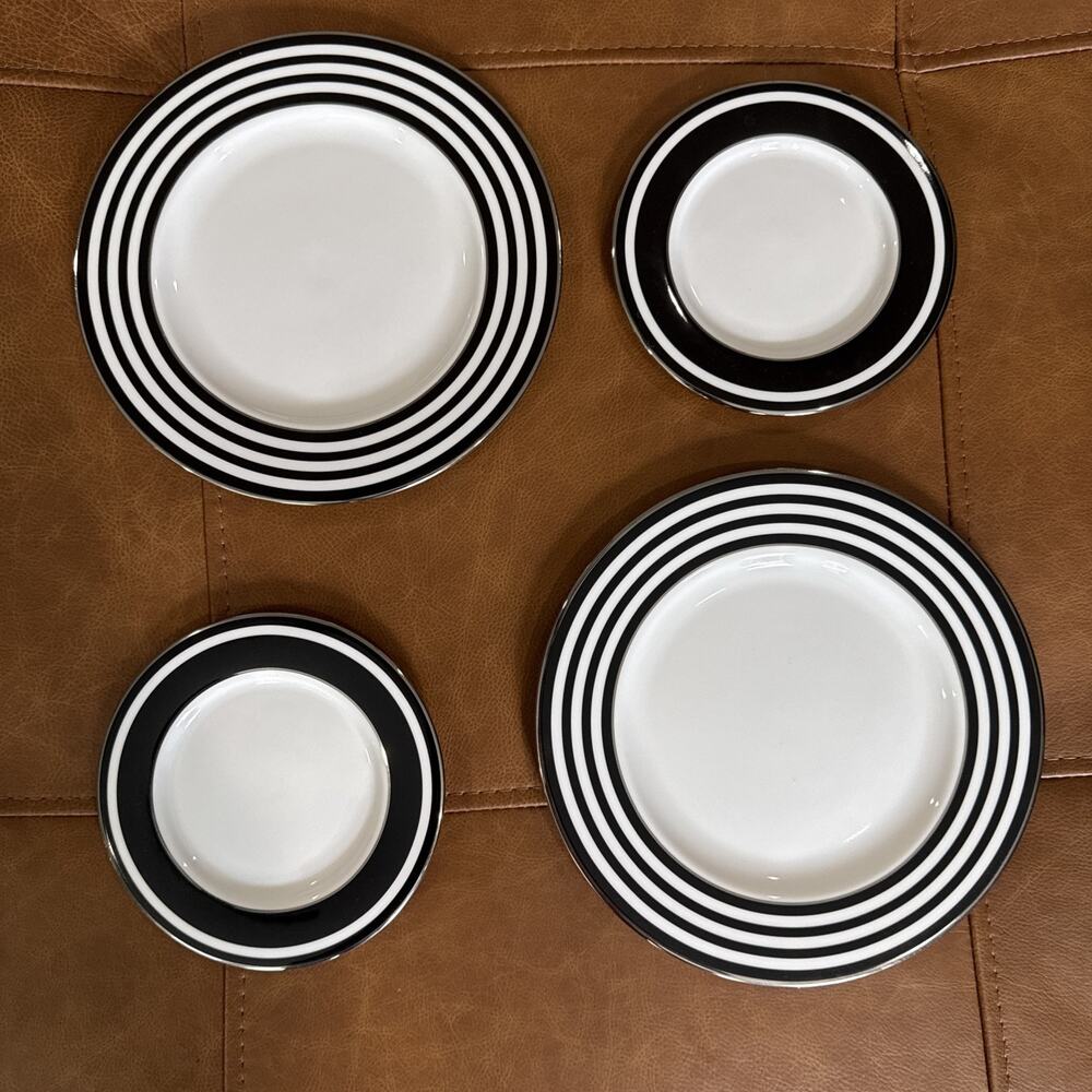 Kate Spade Parker Place Salad Plates And Saucers Black And White Stripe Platinum